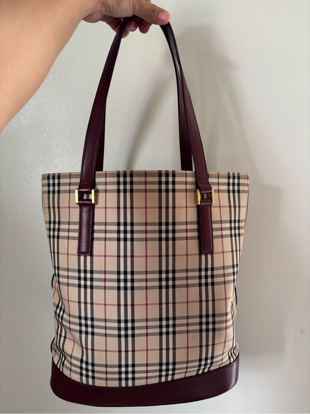 Plaid Canvas Tote Bag with Brown Leather Trim - Picture 3 of 14